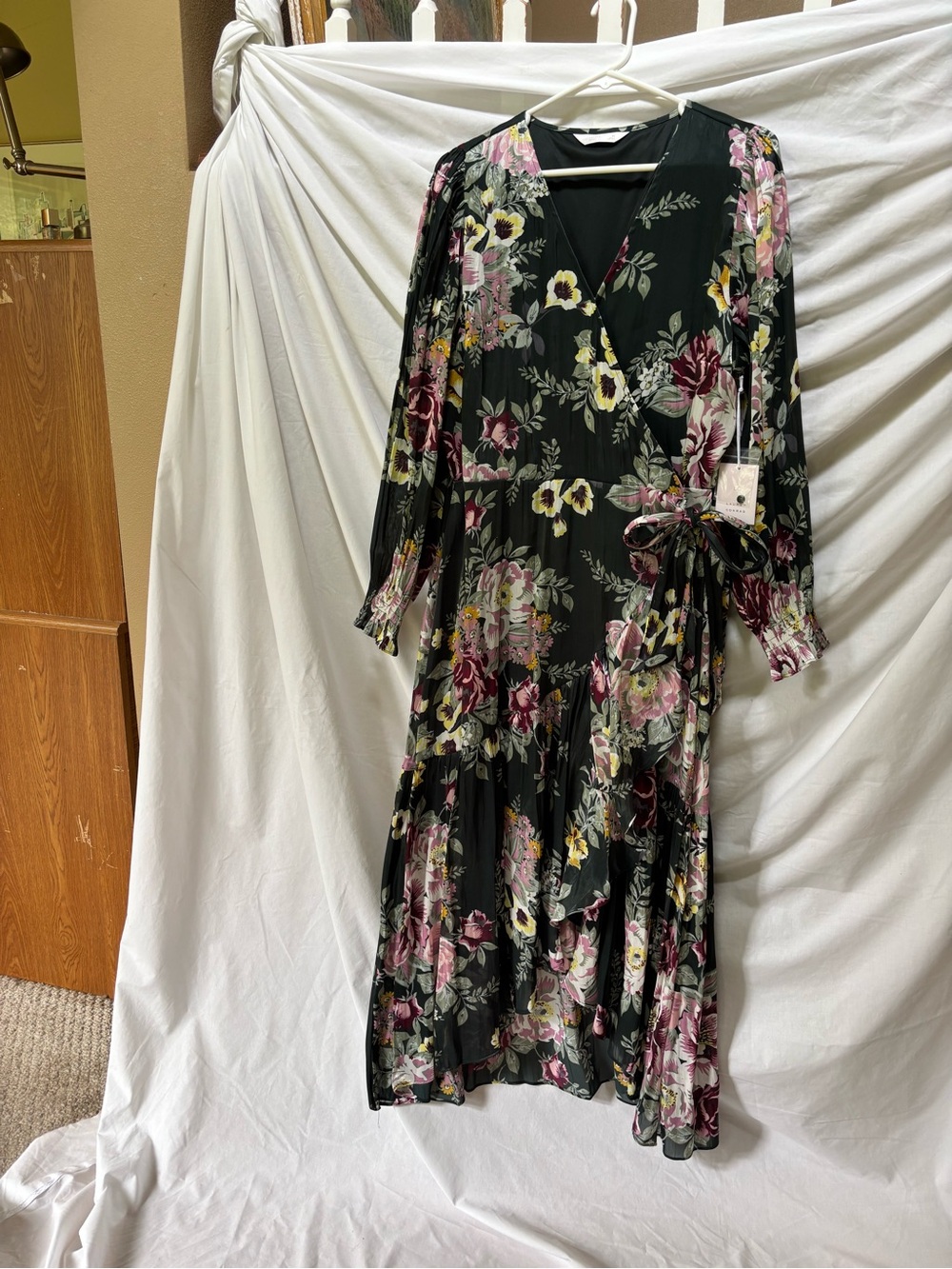 NWT Lauren Conrad Green Floral Shimmer long Wrap Dress XL ~ New $59